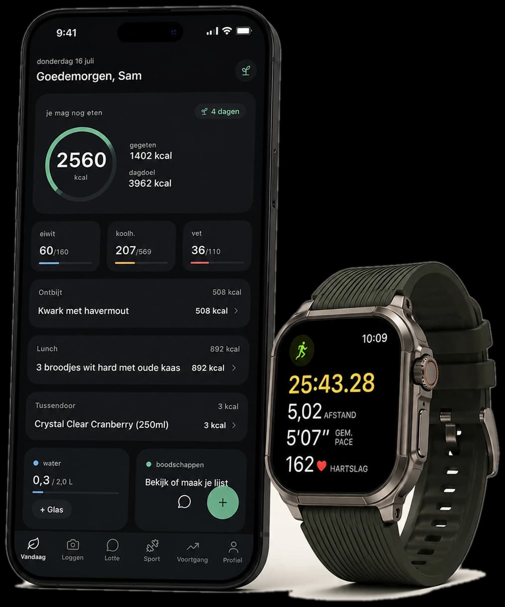 De MyMesa-app op een iPhone (Vandaag-scherm met dagdoel en maaltijden) naast een smartwatch met een lopende hardloop-work-out — trainingen tellen automatisch mee